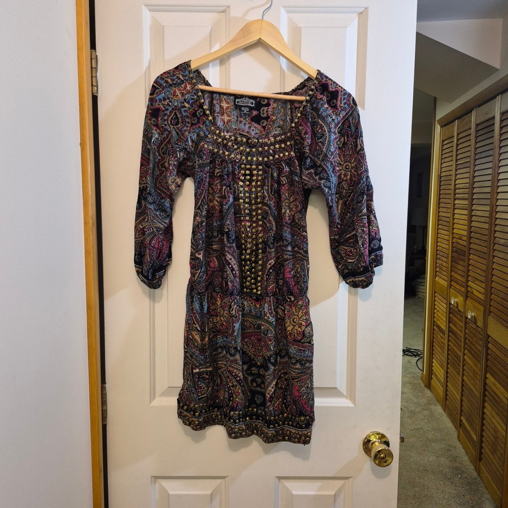Angie Womens Medium Boho Paisley Studded 3/4 Sleeve Rayon Tunic Dress Multicolor